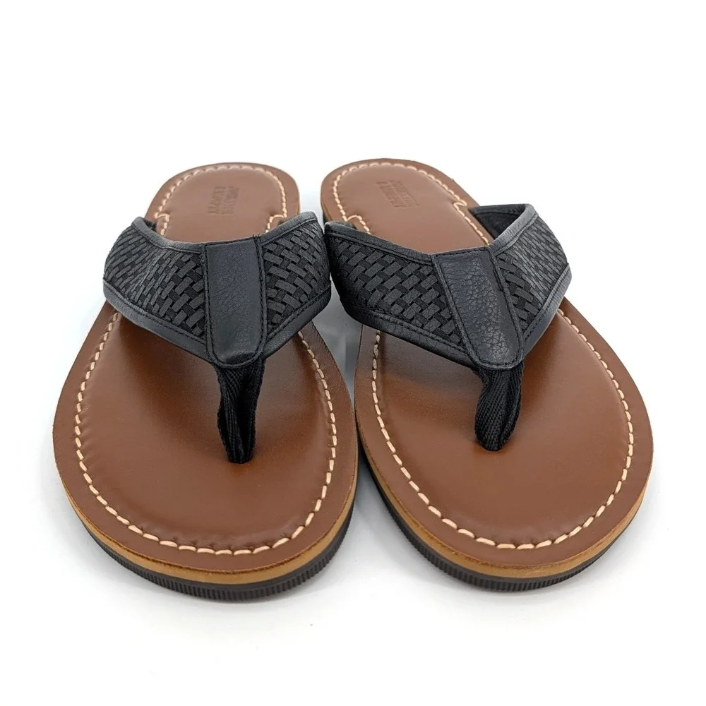 NWOT Johnston & Murphy Woven Leather Flip Flop Sandals Black Tan Mens 11M - Picture 2 of 5
